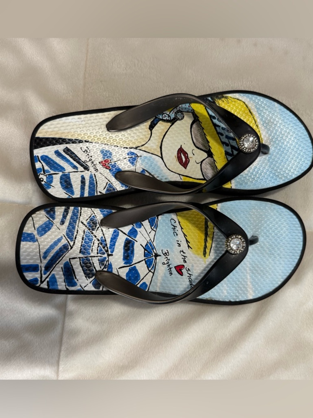 Brighton Platform Flip Flops Size 7 Beach Print Crystal Thong Sandals